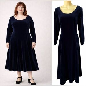 Vintage Laura Ashley Velvet Dress Navy Blue Scoop Neck Button Sleeve Back US 14